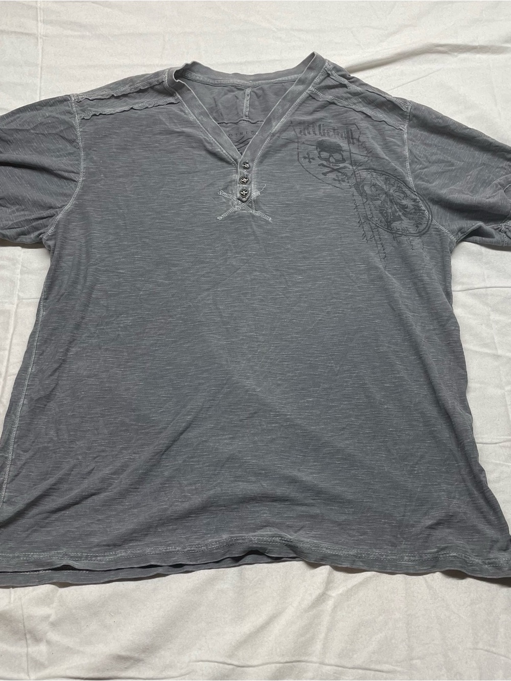 Affliction Men's Charcoal Gray Short-Sleeve Henley with Subtle Skull Graphic